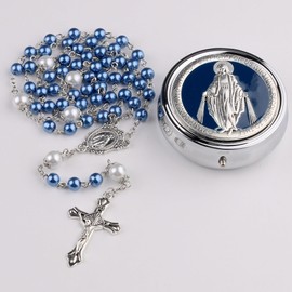 Catholic Town 6mm Glass Pearl Beads with 8mm Our Father Beads with Caps Rosary Pack in Miraculous Metal Gift Box (Available in Blue and Pink colors) (Blue)