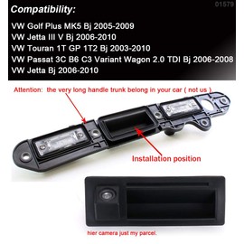 Waterproof Night Vision HD Rear View Camera with Boot Handle Switch Replacement for VW Golf Plus MK5/Jetta III/Touran 1T GP 1T2/Passat 3C B6 C3 Variant Wagon 2.0 TDI