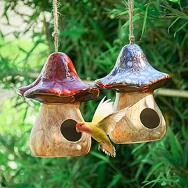 Yinns Bird Houses - Hanging Bird House, Set of 2 Bird Houses for Outside, Decorative Mushroom Bird House Blue and Red Ceramic Birdhouses for Wild Birds, Finch, Cardinal, and Bluebird