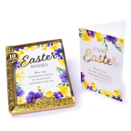 Pack of 10 Happy Easter Cards 2 Designs - Purple Yellow Spring Flowers Gold Foil