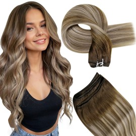 Hetto Sew in Hair Extensions Real Human Hair Brown Root Ombre to Light Brown with Medium Blonde Weft Hair Extensions Remy 20 Inch 100g/Pack #3/8/22