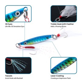 Goture Fishing Jigs,Vertical Jig Saltwater, Fast Sinking Jigging Lures,Speed Fall Jigs with Assist Hooks and Treble Hooks, Fishing Jigging Spoon Lures for Tuna, Salmon,S triped Bass(21g 4Pcs)