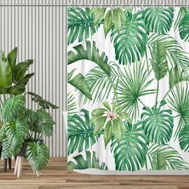 GCIREC Tropical Leaf Shower Curtain, Summer Green Palms Banana Leaf Monstera Leaves Jungle Botanical Plants Bathroom Curtain Home Decor Waterproof Fabric Machine Washable with 12 Hooks, 72" x 72"