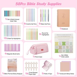 MoKo Bible Journaling Kit, 58Pcs Bible Study Supplies with Pencil Case, Highlighters, Pens, Tabs, Notebook, Study Kit for Mother's Day Gift, Christian Gifts