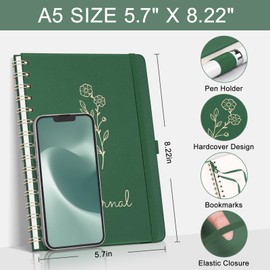 EMSHOI A5 Spiral Dotted Notebook, 5.7”x8.22” PU Leather Hardcover Journal, 140 Pages 100 GSM Dot Grid Paper for Bullet Journaling, Work & Note-Taking – Dark Green