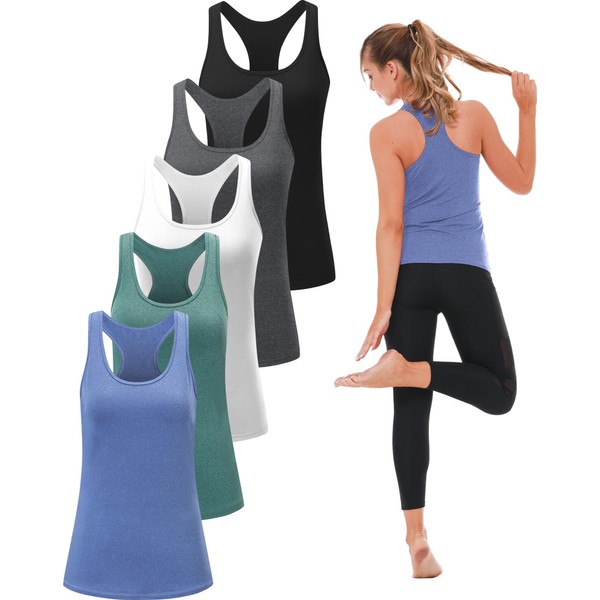 5 Pack Workout Tank Tops for Women, Athletic Racerback Sports Tank Tops, Compression Sleeveless Dry Fit Shirts Black/Grey/White/Blue/Green L