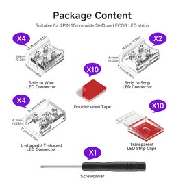 FCOB COB 2PIN 8mm LED Strip Connectors Kit 10pcs, Transparent Solderless T/L Shape Strip-to-Strip & Wire Reusable Connector w/Screwdriver for 5V-24V COB/SMD Single Color +V -V Strips