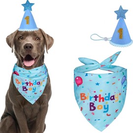 Nukogcd Dog Birthday Hat Dog Birthday Party Set, Blue Birthday Boy Bandana, Party Hat with Numbers, Pet Celebration Accessories