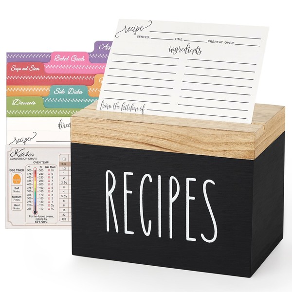 Dahey Wooden Recipe Box Black Recipe Organizer with 100 Recipe