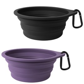 PetBonus 2-Pack Large Silicone Collapsible Dog Bowls, 34oz/1000ml BPA Free Portable Foldable Travel Bowl for Pet Cat, Food Water Feeding Dish for Camping with 2 Carabiners (Black, Dark Purple)
