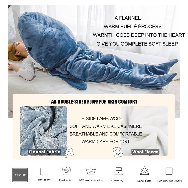 Wearable Shark Sleeping Bag Soft Cozy Flannel Hooded Blanket for