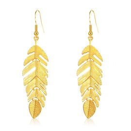 NUNAGIN Bohemian Floating Feathers Dangle Earrings - Long Hanging Metal Link Leaf Drops for Women -Lightweight Layered Dangling Leaves Hook Earrings (Gold)