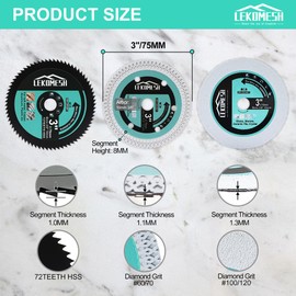 LEKOMESH 3" Circular Saw Blades - 3pcs 3/8" (10 mm) Arbor HSS/X Mesh/Glass for Cutting Porcelain Ceramic Tile,Soft Metal,Rebar,Steel Plate,Glass, Angle Grinder Cutting Disc