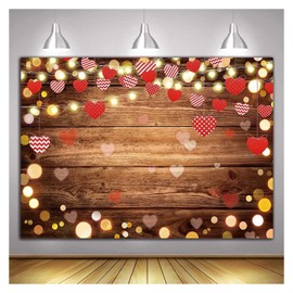Fanghui Valentine's Day Photography Backdrop Love Heart Sweet Lover Brown Wooden Wall Photo Background for Mothers Day Baby Shower Birthday Party Decorations Supplies 7x5ft