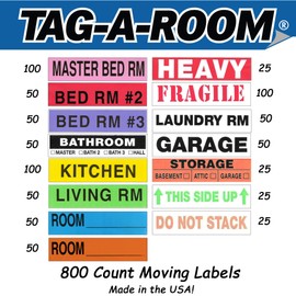 Tag-A-Room Moving Labels Color Coded (800 Count), 3-4 Bedroom Home Pack, Moving Supplies