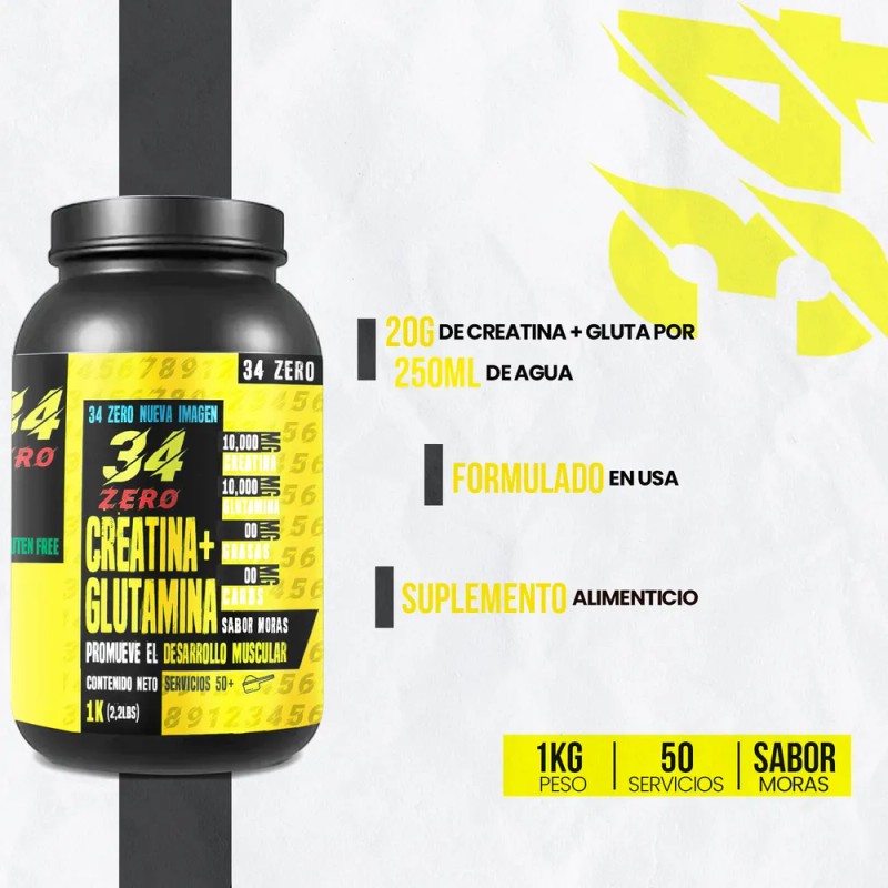 Creatina + Glutamina 34 Zero 1 Kg 50 Servicios