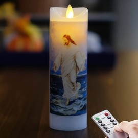 NONNO & ZGF Moving Wick Jesus Flameless Prayer Candle, Real Wax, God Devotion Bright Flickering Candles with Remote Timer Function, Battery Operated