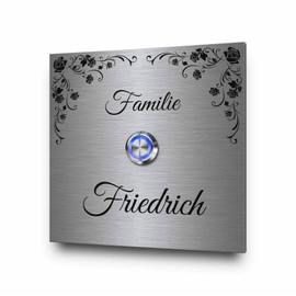 Robust doorbell made of stainless steel with desired text and motif, bell model Friedrich from 8 x 8 cm, optionally with illuminated LED push button and background plate