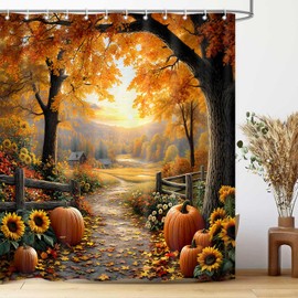 Fall Shower Curtains for Bathroom, Pathway in The Woods Autumn Tree Pumpkin Harvest Thanksgiving Shower Curtain, Cloth Fabric Bath Decor Set with Hooks, 71 x 71 Inch