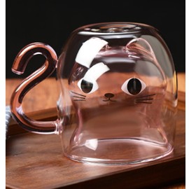 Arawat 2 Set Katzen Tasse Rosa Glas Doppelwandige Gläser Katze mit Pink Henkel Kaffeetasse mit Löffel & Untersetzer Kaffeebecher Tassen Katze Gläser Teetasse Geburtstag Geschenk für Frauen Freundin