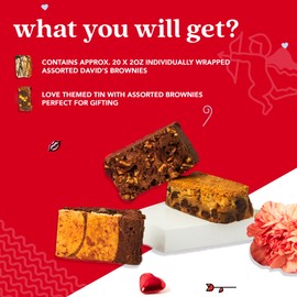 David’s Cookies Assorted Brownies In Love Tin Gift Basket 20pcs - Delicious, Fresh Baked Brownie Snacks - Gourmet Pure Chocolate Fudge Brownie Slices – Thoughtful Food Gift for Her Him Kids