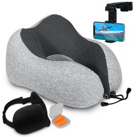 Airplane Neck Pillow Includes Travel Pillow + Airplane Phone Holder Mount + Eye Masks + Earplugs for Travel, 100% Pure Memory Foam Travel Pillow, 4 Pc Travel Kit, 2 Pack