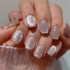 SXVME Cat Eye Press on Nails Short, 30 Pcs Acrylic Press on Nails Coffin Shape, Sparkly Glitter Milky White Fake Nails Press on Short, Reusable Bling Soft Gel Glue on Nail for Women Gift