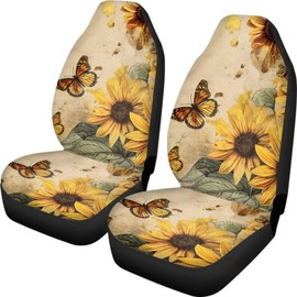 Finagallathe Vintage Sunflower Car Seat Covers Front Seat Butterfly,Washable and Breathable Cloth Seat Covers for Cars Universal Fit for Most Car Interior Covers-Sedan Truck SUV