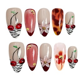 French Tip Press on Nails Almond Medium Fake Nails with Flower Fruit Leopard Designs Autumn Nails Press ons Glossy Glue on Nails Gradient Acrylic Nails Brown False Nails Stick on Nails for Women 24Pcs