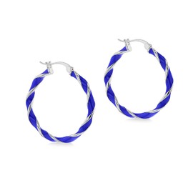 Tuscany Silver Women's Sterling Silver Rhodium Plated 31mm Blue Enamel Large Twister Hoop Creole Earrings