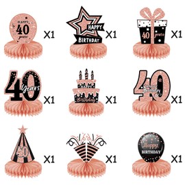MAIGO 9Pcs Rose Gold 18th 21th 30th 40th Honeycomb Decorations - Happy Birthday Decorations, Birthday Table Centre Decorations, Party Table Decorations, Table Decorations Centrepiece (40)