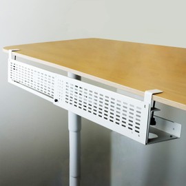 AEONS Under Desk Cable Management Tray Kit - Horizontal Adjustable up tp 41” Desk Organizer Removable C Clamp Mount Reversiable Computer Cord Raceway and Modesty Panel for Large Desk, White/Beige