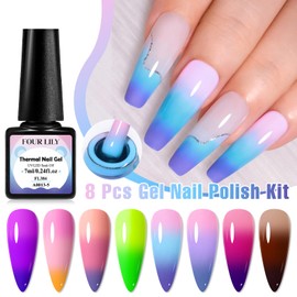 Four Lily Color Changing Gel Nail Polish Set, 8 Colors Red Pink Blue Purple Red Brown Mood Temperature Change Gel Polish Kit Soak Off Nail Art DIY Salon Manicure Gift