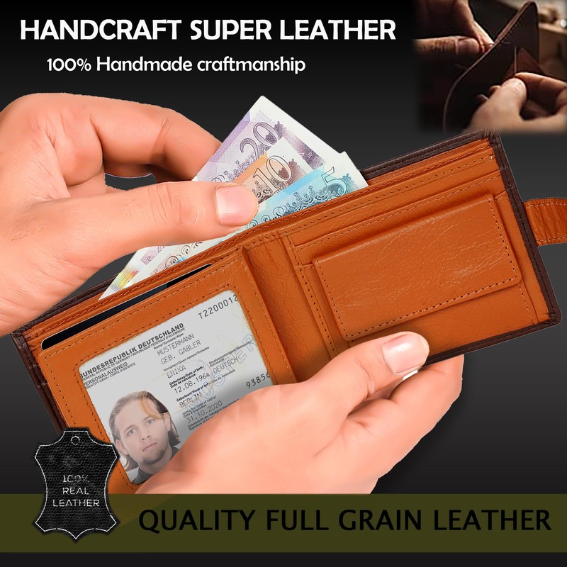 STARHIDE Mens RFID Blocking Compact Real Leather Coin Pocket Billfold