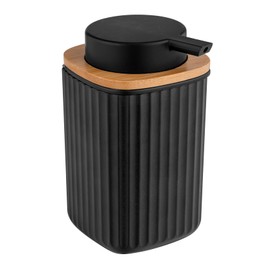 WENKO Rotello Soap Dispenser, Refillable Dispenser for 250 ml Liquid Soap, Made of High-Quality Plastic with Bamboo Detail, Also Suitable for Dishwashing Liquid, 8.9 x 12.7 x 7.5 cm, Black/Natural