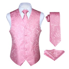 Enlision Men's Waistcoats Paisley Pink Wedding Waistcoat Tie Pocket Square Jacquard Party Suit Vest Set XXL
