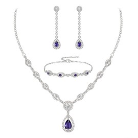 EVER FAITH Bridal Cubic Zirconia Jewelry Set Stunning Teardrop February Birthstone Necklace Bracelet Earrings Set for Woman Purple Silver-Tone