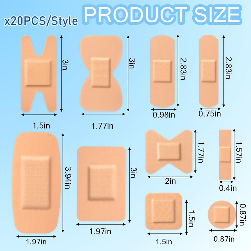 200 Pcs Bandages Variety Pack Assorted Sizes, Waterproof Adhesive Fingertip