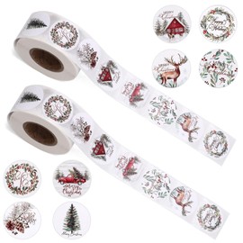 2 Rolls Christmas Stickers for Cards, 0.98in Round Merry Christmas Seals 8 Patterns Christmas Tree Elk Wreath Truck Pine Cone Christmas Label Stickers for Water Bottle Envelopes Gift Crafts