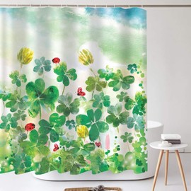 Tititex Green Clovers St. Patrick's Day Spring Shower Curtain Set 69x70 Inch with Hooks, Colorful Shamrocks Leaves Watercolor Waterproof Fabric Bathroom Curtain