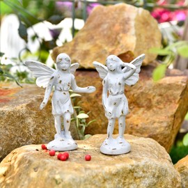 Sungmor Cast Iron Garden Angel Statue, Set of 2 Rustic White Garden Fairy Figurines, Creative Angel Pixie Collection Home Office Desk Decor, Indoor Outdoor Fairy Garden Accent Ornament