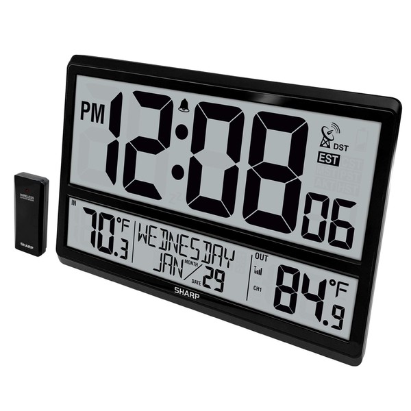 SHARP Atomic Clock - Never Needs Setting! –Easy to Read Numbers - Indoor/Outdoor Temperature, Wireless Outdoor Sensor - Battery Powered - Easy Set-Up!! (4" Numbers)