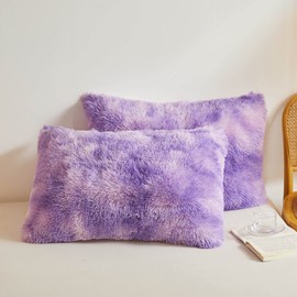 XeGe Faux Fur Fluffy Throw Pillow Cases, Light Purple Plush Shaggy Soft Furry Pillowcases, Velvet Fuzzy Decorative Pillow Covers for Bed Couch Zipper Closure, Set of 2(Standard, Tie Dye Lavender)