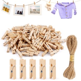Pack of 150 Small Clothes Pegs, 3.5 cm with 10 m Jute Cord, Small Pegs for Photos, Sustainable Wood, Wooden Clothes Pegs, Natural Decoration, Small Wooden Pegs for Pictures, Postcards, Decorative
