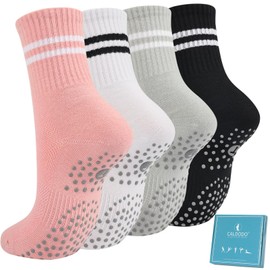 Caldodo Stopper Socks Women's 4 Pairs Yoga Socks 39-42, Gifts for Women Non-Slip Socks Adult Non-Slip Socks with Nubs Pilates Socks, Black/White/Light Grey/Pink