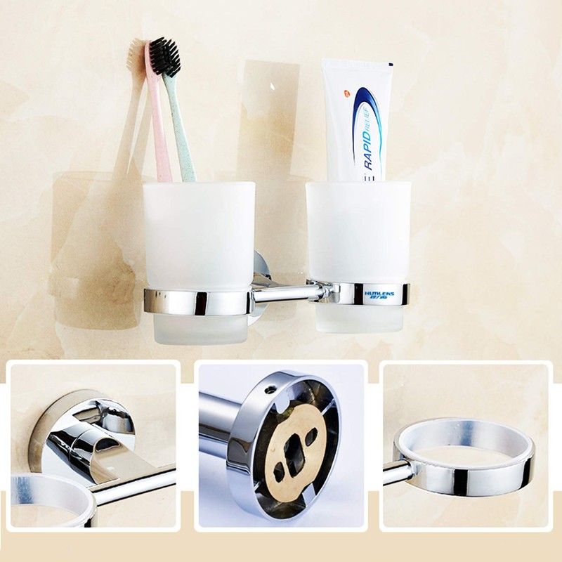 Toothbrush Glass Tumbler with Stainless Steel Holder Wall Mount Chromed