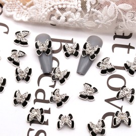 SILPECWEE 20pcs Butterfly Nail Charms Double Layer Butterflies for Nails Nail Rhinestone Diamond 3D Nail Art Charms Silver Nail Jewels Nail Decoration for Nail Art Accessories(Black)