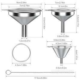 Pack of 3 Funnels Kitchen Stainless Steel with 2 Cleaning Brushes & Handle, Stackable Small Funnel Small Kitchen Mini Funnel for Transferring Liquids, Cooking Oils and Powder, 4.5/5.5/7.5 cm