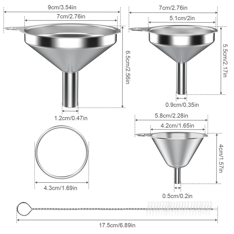 Pack of 3 Funnels Kitchen Stainless Steel with 2 Cleaning