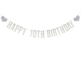 Happy 10th Birthday Banner, Pre-Strung,Silver Glitter Paper Garlands Banner for 10th Birthday Party Decorations Supplies, Letters Silver,Betteryanzi